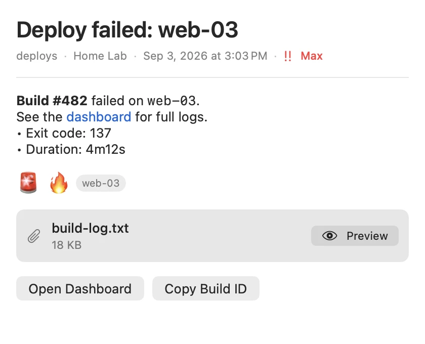 A detailed view of a deploy failure, showing markdown, tags, the build log attachment, and action buttons.