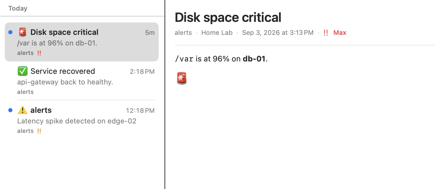 The NtfyMe History window showing messages grouped by day and the selected alert on the right.