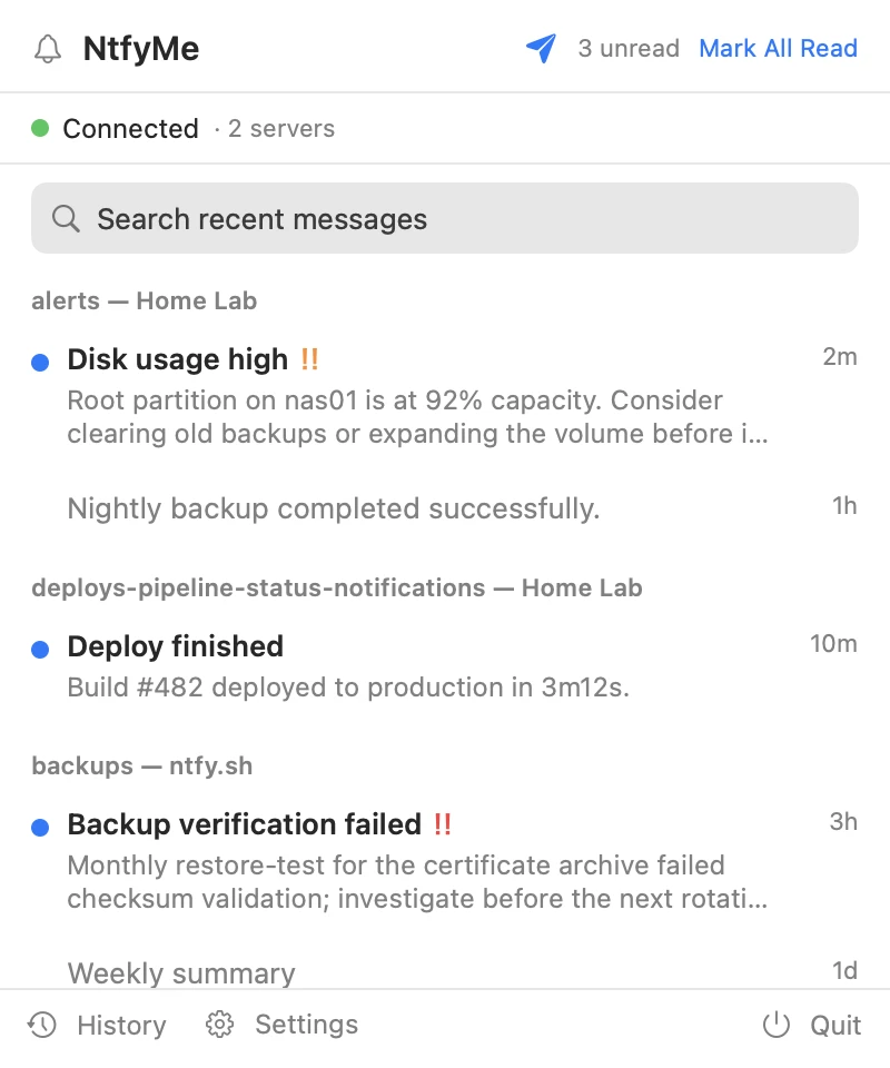 The NtfyMe popover with recent unread messages and quick actions.